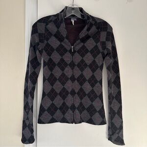 Ibex Juliet Jacquard full-zip cardigan sweater, Multi Grey Argyle, Small